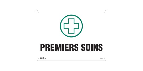 SIGN, ''PREMIER SOINS'' FRENCH, 10''X14'', PLASTIC,WITH PICTOGRAM