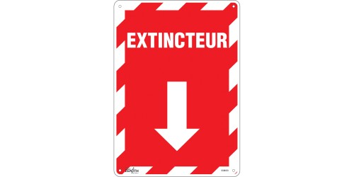 "EXTINCTEUR" ARROW SIGN, 14" x 10", PLASTIC, FRENCH WITH PICTOGRAM