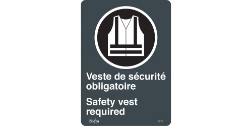 "SAFETY VEST REQUIRED"  14" x 10", VINYL, BILINGUAL WITH PICTOGRAM